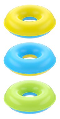 Beyaz arka planda yaz tatili için havuzda yüzen çocuklar için şişirilebilir yüzükler. Yaz tatili konsepti ve tatillerinin 3 boyutlu canlandırması