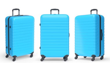 Beyaz arka planda yaz tatili için plaj aksesuarları olan valizler. Yaz tatili konsepti ve tatillerinin 3 boyutlu canlandırması