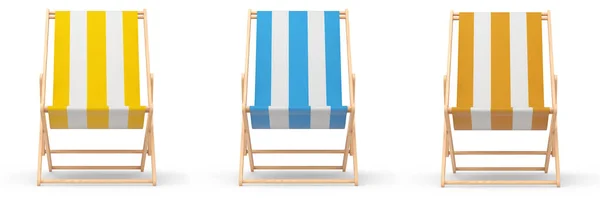 白い背景に隔離された夏の休暇のための縞模様のビーチチェアのセット 夏休みのコンセプトと休日の3Dレンダリング — ストック写真