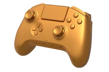 Realistic video game joystick with golden chrome texture isolated on white background. 3D render of streaming gear for cloud gaming and gamer workspace concept