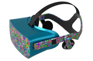 Beyaz arka planda izole edilmiş mozaik pürüzsüz desenli gerçekçi sanal gerçeklik gözlükleri. Bulut oyunu ve oyun alanı çalışma alanı konsepti için 3D görüntüleme donanımı