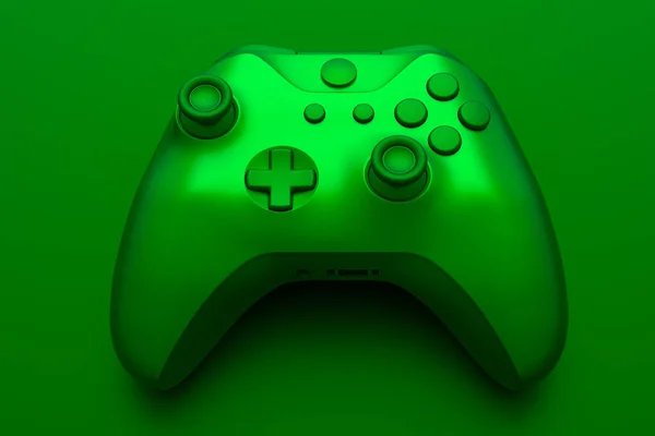 緑の背景に隔離された緑のクロム質感と現実的なビデオゲームジョイスティック クラウドゲームやゲーマーのワークスペースのコンセプトのためのストリーミングギアの3Dレンダリング — ストック写真