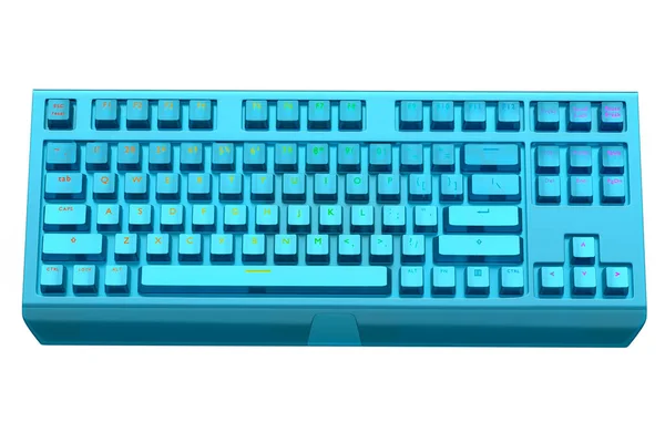 Realistic computer keyboard with blue chrome texture isolated on white background. 3D render of streaming gear for cloud gaming and gamer workspace concept