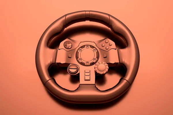 Realistic leather steering wheel with copper chrome texture on dark background. 3d render of gaming machine, streaming gear for cloud gaming and gamer workspace concept