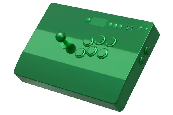 白い背景に緑のクロム質感とジョイスティックとトーナメントグレードのボタンとヴィンテージアーケードスティック ゲーム機の3Dレンダリング クラウドゲームやゲーマーのワークスペースのコンセプトのためのストリーミングギア — ストック写真