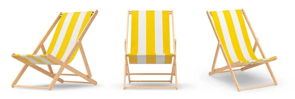 白い背景に隔離された夏の休暇のための縞模様のビーチチェアのセット 夏休みのコンセプトと休日の3Dレンダリング — ストック写真