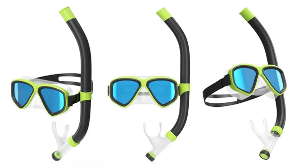 Set Maschera Subacquea Snorkeling Vacanze Estive Snorkeling Sfondo Bianco Rendering — Foto Stock