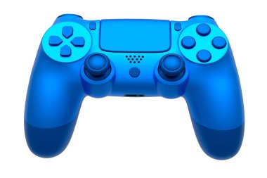 Beyaz arka planda mavi krom desenli gerçekçi video oyunu joystick 'i. Bulut oyunu ve oyun alanı çalışma alanı konsepti için 3B yayın ekipmanı oluşturma