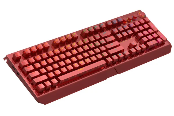 Realistic computer keyboard with red chrome texture isolated on white background. 3D render of streaming gear for cloud gaming and gamer workspace concept