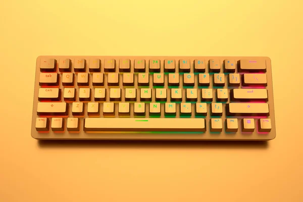 Realistic computer keyboard with golden chrome texture isolated on gold background. 3D render of streaming gear for cloud gaming and gamer workspace concept