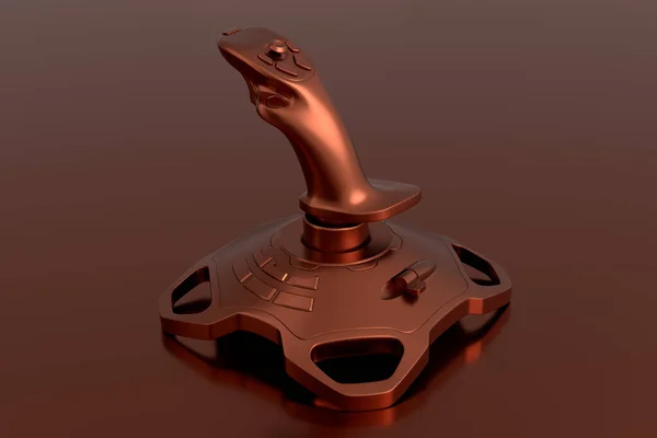 Realistic joystick for flight simulator with copper chrome texture on dark background. 3D render of streaming gear for cloud gaming and gamer workspace, device for augmented reality or VR