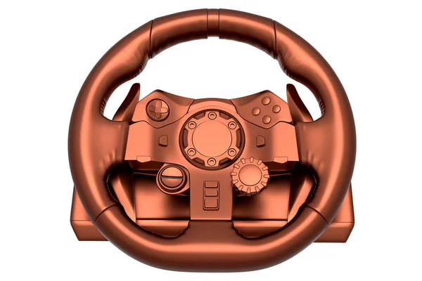 Realistic leather steering wheel with copper chrome texture on white background. 3d render of gaming machine, streaming gear for cloud gaming and gamer workspace concept