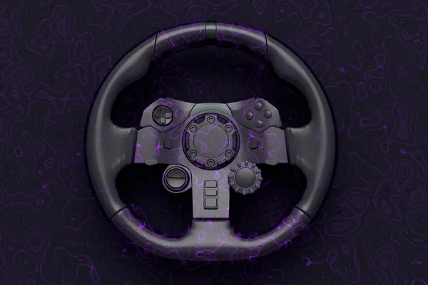 Realistic leather steering wheel with seamless wavy pattern on dark background. 3d render of gaming machine, streaming gear for cloud gaming and gamer workspace concept