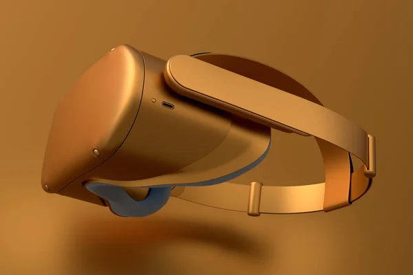 Realistic virtual reality glasses with gold chrome texture isolated on golden background. 3d render 3D render of streaming gear for cloud gaming and gamer workspace concept