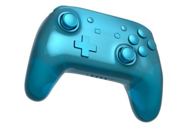 Realistic video game joystick in trendy style glassmorphism or frosted glass effect on white background. 3D render of streaming gear for cloud gaming and gamer workspace concept