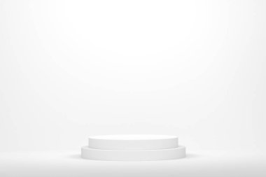 Monokrom zemin üzerinde basamakları olan beyaz silindir podyum. Ürün gösterimi için soyut gerçekçi geometrik kaide veya platformun 3 boyutlu canlandırması. En küçük sahne.