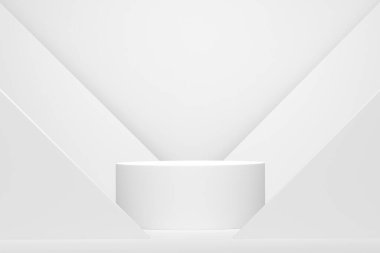 Monokrom zemin üzerinde basamakları olan beyaz silindir podyum. Ürün gösterimi için soyut gerçekçi geometrik kaide veya platformun 3 boyutlu canlandırması. En küçük sahne.