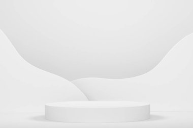 Monokrom zemin üzerinde basamakları olan beyaz silindir podyum. Ürün gösterimi için soyut gerçekçi geometrik kaide veya platformun 3 boyutlu canlandırması. En küçük sahne.