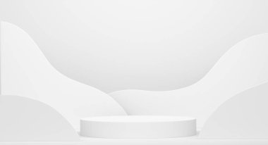Monokrom zemin üzerinde basamakları olan beyaz silindir podyum. Ürün gösterimi için soyut gerçekçi geometrik kaide veya platformun 3 boyutlu canlandırması. En küçük sahne.