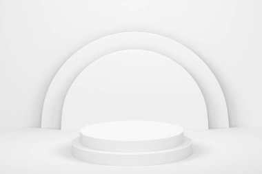 Monokrom zemin üzerinde basamakları olan beyaz silindir podyum. Ürün gösterimi için soyut gerçekçi geometrik kaide veya platformun 3 boyutlu canlandırması. En küçük sahne.