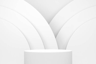 Monokrom zemin üzerinde basamakları olan beyaz silindir podyum. Ürün gösterimi için soyut gerçekçi geometrik kaide veya platformun 3 boyutlu canlandırması. En küçük sahne.