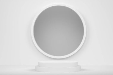 Monokrom zemin üzerinde basamakları olan beyaz silindir podyum. Ürün gösterimi için soyut gerçekçi geometrik kaide veya platformun 3 boyutlu canlandırması. En küçük sahne.