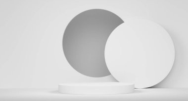 Monokrom zemin üzerinde basamakları olan beyaz silindir podyum. Ürün gösterimi için soyut gerçekçi geometrik kaide veya platformun 3 boyutlu canlandırması. En küçük sahne.