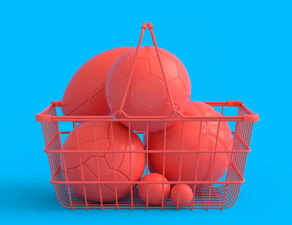 一套篮球 美式足球和高尔夫等篮球背景的购物篮 3D为团队游戏提供体育配件 — 图库照片