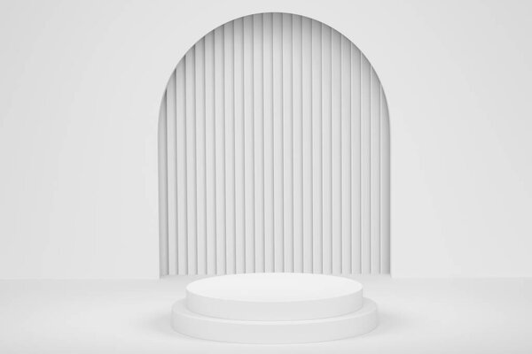 Подиум из белого пастельного цилиндра со ступенями на монохромном фоне. 3D рендеринг абстрактного реалистичного геометрического пьедестала или платформы на заднем плане для презентации продукта. Минимальная сцена.
