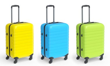 Beyaz arka planda yaz tatili için plaj aksesuarları olan valizler. Yaz tatili konsepti ve tatillerinin 3 boyutlu canlandırması