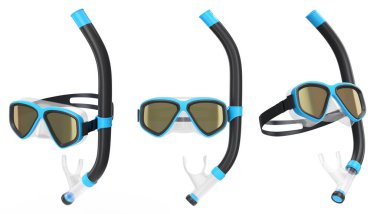 Yaz tatili için dalış maskesi ve şnorkel seti ve beyaz arka planda şnorkelle dalış yaz tatili konsepti ve tatillerin 3 boyutlu canlandırması.