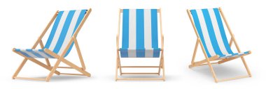 Beyaz arka planda izole edilmiş yaz kaçamakları için çizgili plaj sandalyeleri. Yaz tatili konsepti ve tatillerinin 3 boyutlu canlandırması
