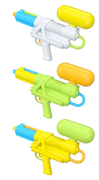 白い背景にスイミングプールで遊ぶためのプラスチック製の水銃のおもちゃのセット 夏休みのコンセプトと休日の3Dレンダリング — ストック写真