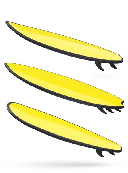 一套冲浪板 供夏季冲浪用 在白色背景的海滩上的冲浪板上 暑假概念和假期的3D渲染 — 图库照片