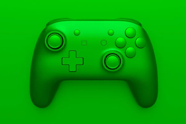 緑の背景に隔離された緑のクロム質感と現実的なビデオゲームジョイスティック クラウドゲームやゲーマーのワークスペースのコンセプトのためのストリーミングギアの3Dレンダリング — ストック写真