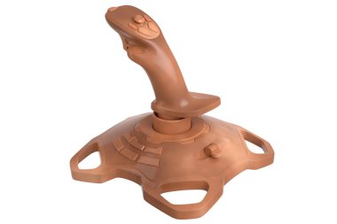 Uçuş simülatörü için gerçekçi joystick. Beyaz arka planda siyah mermer dokusu var. Bulut oyunu ve oyuncu çalışma alanı için 3 boyutlu yayın donanımı, artırılmış gerçeklik veya VR aygıtı