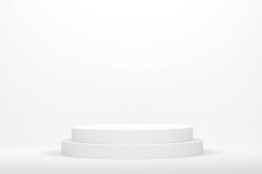 Monokrom zemin üzerinde basamakları olan beyaz silindir podyum. Ürün gösterimi için soyut gerçekçi geometrik kaide veya platformun 3 boyutlu canlandırması. En küçük sahne.