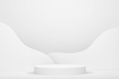 Monokrom zemin üzerinde basamakları olan beyaz silindir podyum. Ürün gösterimi için soyut gerçekçi geometrik kaide veya platformun 3 boyutlu canlandırması. En küçük sahne.