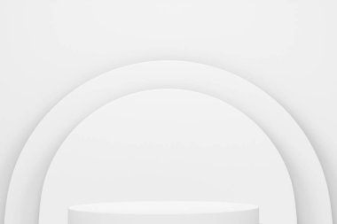 Monokrom zemin üzerinde basamakları olan beyaz silindir podyum. Ürün gösterimi için soyut gerçekçi geometrik kaide veya platformun 3 boyutlu canlandırması. En küçük sahne.