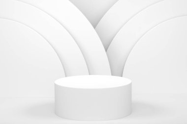 Monokrom zemin üzerinde basamakları olan beyaz silindir podyum. Ürün gösterimi için soyut gerçekçi geometrik kaide veya platformun 3 boyutlu canlandırması. En küçük sahne.