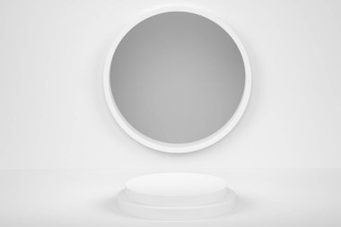 Monokrom zemin üzerinde basamakları olan beyaz silindir podyum. Ürün gösterimi için soyut gerçekçi geometrik kaide veya platformun 3 boyutlu canlandırması. En küçük sahne.