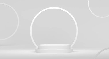 Monokrom zemin üzerinde basamakları olan beyaz silindir podyum. Ürün gösterimi için soyut gerçekçi geometrik kaide veya platformun 3 boyutlu canlandırması. En küçük sahne.