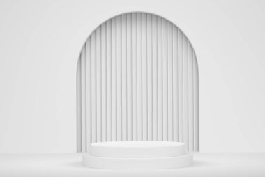 Monokrom zemin üzerinde basamakları olan beyaz silindir podyum. Ürün gösterimi için soyut gerçekçi geometrik kaide veya platformun 3 boyutlu canlandırması. En küçük sahne.