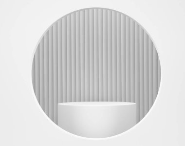 Monokrom zemin üzerinde basamakları olan beyaz silindir podyum. Ürün gösterimi için soyut gerçekçi geometrik kaide veya platformun 3 boyutlu canlandırması. En küçük sahne.