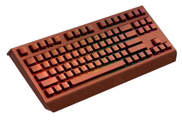 Realistic computer keyboard with copper chrome texture isolated on white background. 3D render of streaming gear for cloud gaming and gamer workspace concept