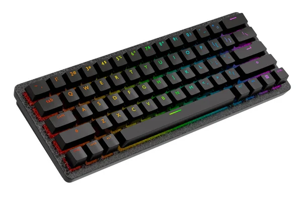 Realistic computer keyboard with black chrome texture isolated on white background. 3D render of streaming gear for cloud gaming and gamer workspace concept