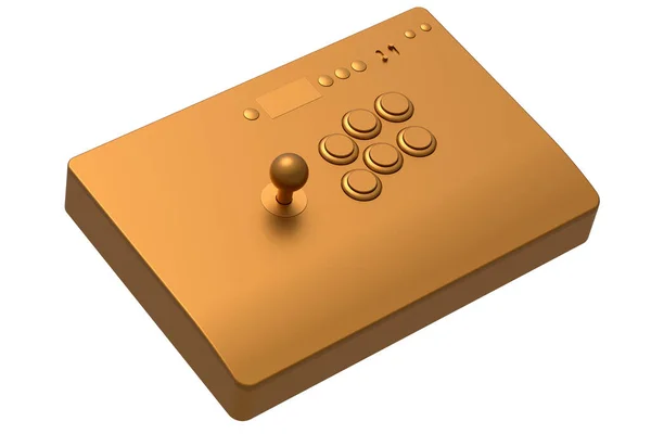 白を背景にゴールドクロームの質感を持つジョイスティックとトーナメントグレードのボタンとヴィンテージアーケードスティック ゲーム機の3Dレンダリング クラウドゲームやゲーマーのワークスペースのコンセプトのためのストリーミングギア — ストック写真