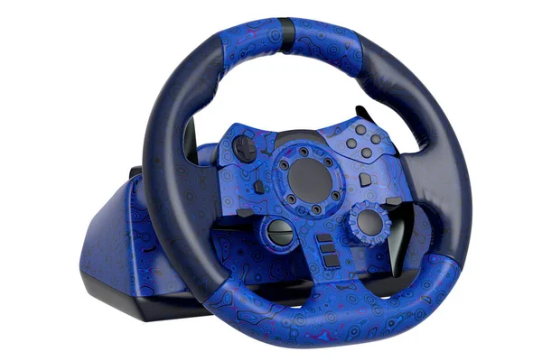 Realistic leather steering wheel with seamless wavy pattern on white background. 3d render of gaming machine, streaming gear for cloud gaming and gamer workspace concept