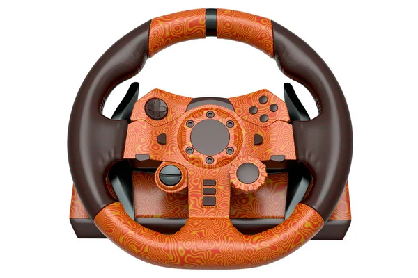 Realistic leather steering wheel with seamless wavy pattern on white background. 3d render of gaming machine, streaming gear for cloud gaming and gamer workspace concept