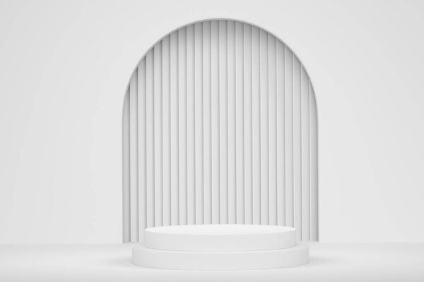 Подиум из белого пастельного цилиндра со ступенями на монохромном фоне. 3D рендеринг абстрактного реалистичного геометрического пьедестала или платформы на заднем плане для презентации продукта. Минимальная сцена.